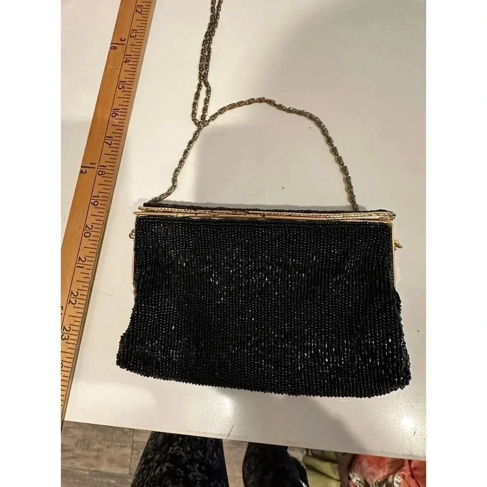 Vintage Women's Rectangle Shape Black Beaded Handbag Purse